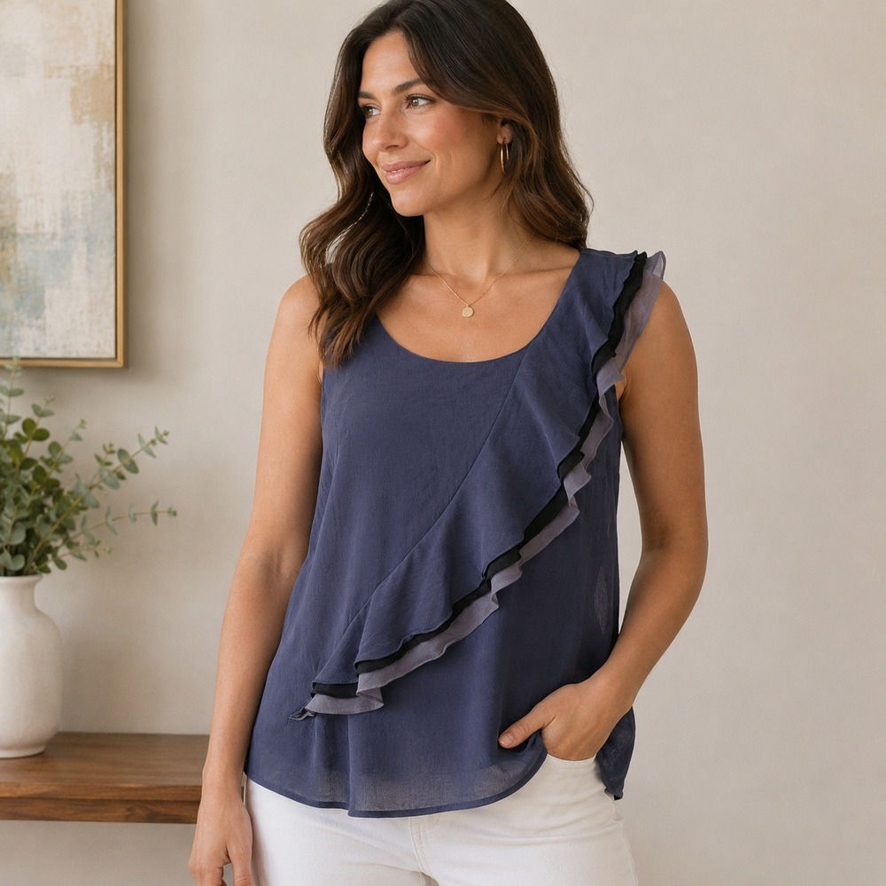 Ann Taylor LOFT Ruffle Blouse Sleeveless Chiffon Layered Blue Gray Womens Medium